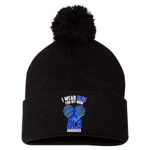 I Wear Blue For My Mom ALS Awareness Pom Pom 12in Knit Beanie