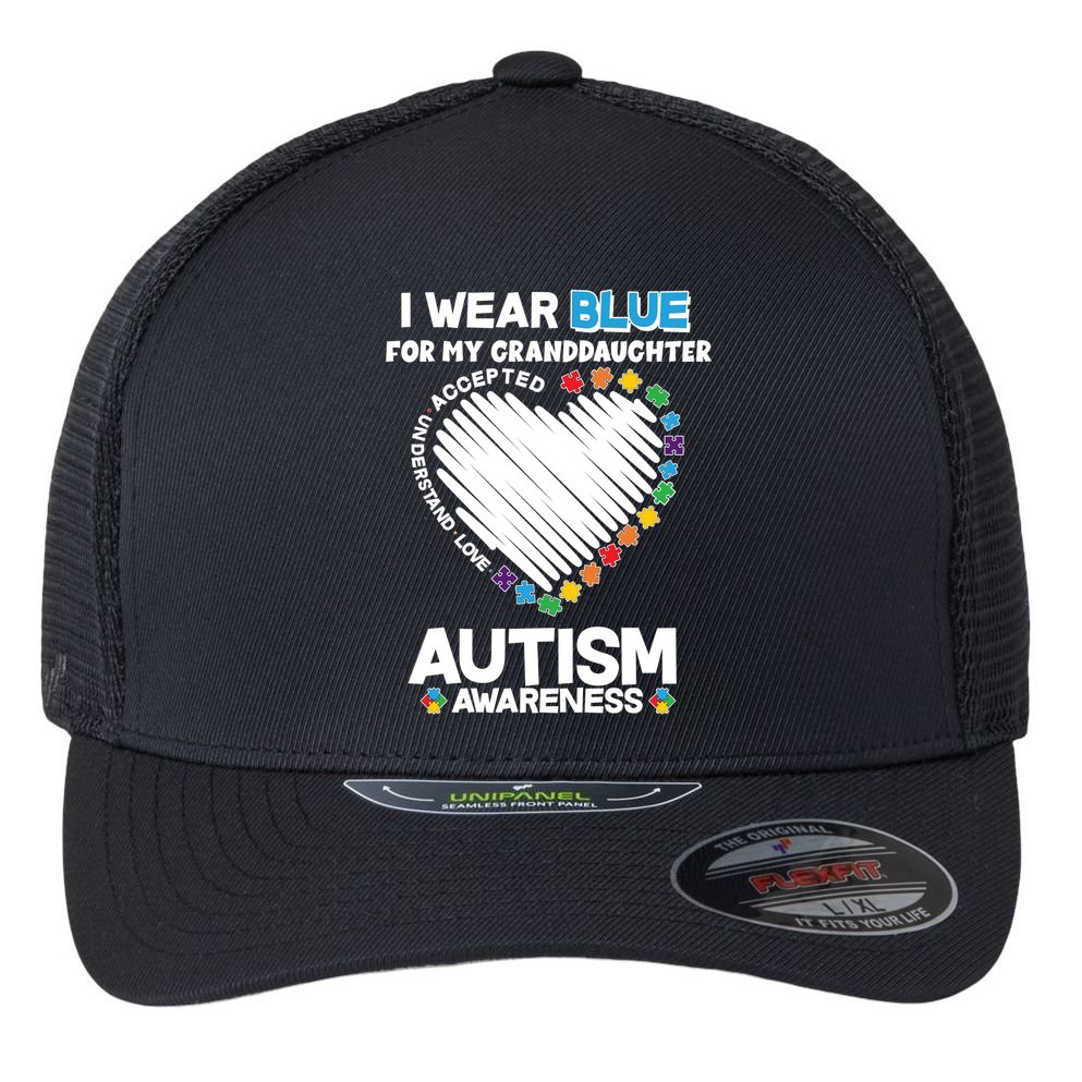 I Wear Blue For My Personalize Custom Text Autism Flexfit Unipanel Trucker Cap