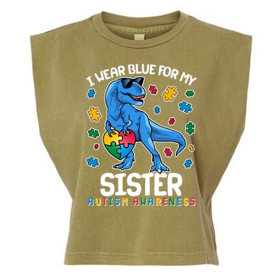 I Wear Blue For My Sister  Autism Awareness T-Rex Dinosaur Garment-Dyed Women's Muscle Tee