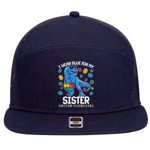 I Wear Blue For My Sister  Autism Awareness T-Rex Dinosaur 7 Panel Mesh Trucker Snapback Hat