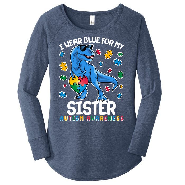 I Wear Blue For My Sister  Autism Awareness T-Rex Dinosaur Women's Perfect Tri Tunic Long Sleeve Shirt