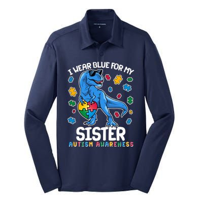 I Wear Blue For My Sister  Autism Awareness T-Rex Dinosaur Silk Touch Performance Long Sleeve Polo