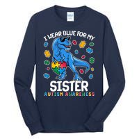 I Wear Blue For My Sister  Autism Awareness T-Rex Dinosaur Tall Long Sleeve T-Shirt