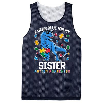 I Wear Blue For My Sister  Autism Awareness T-Rex Dinosaur Mesh Reversible Basketball Jersey Tank