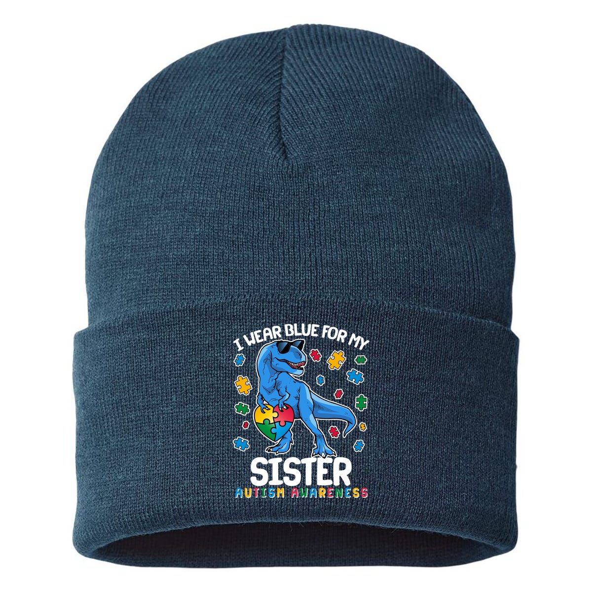 I Wear Blue For My Sister  Autism Awareness T-Rex Dinosaur Sustainable Knit Beanie