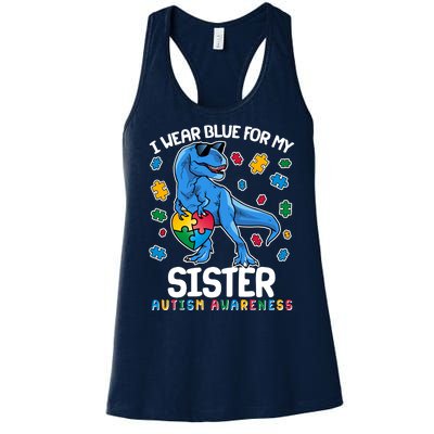 I Wear Blue For My Sister  Autism Awareness T-Rex Dinosaur Women's Racerback Tank