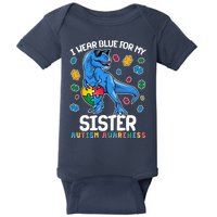 I Wear Blue For My Sister  Autism Awareness T-Rex Dinosaur Baby Bodysuit