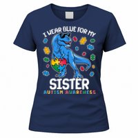 I Wear Blue For My Sister  Autism Awareness T-Rex Dinosaur Women's T-Shirt