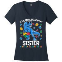 I Wear Blue For My Sister  Autism Awareness T-Rex Dinosaur Women's V-Neck T-Shirt