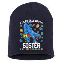 I Wear Blue For My Sister  Autism Awareness T-Rex Dinosaur Short Acrylic Beanie