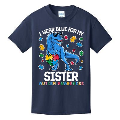 I Wear Blue For My Sister  Autism Awareness T-Rex Dinosaur Kids T-Shirt