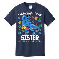 I Wear Blue For My Sister  Autism Awareness T-Rex Dinosaur Kids T-Shirt