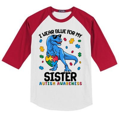 I Wear Blue For My Sister  Autism Awareness T-Rex Dinosaur Kids Colorblock Raglan Jersey