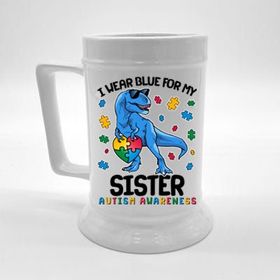 I Wear Blue For My Sister  Autism Awareness T-Rex Dinosaur Beer Stein