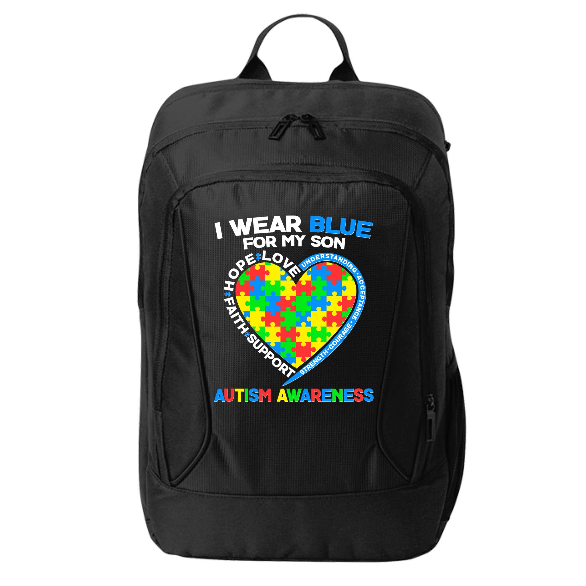 I Wear Blue For My Son Autism Awareness Heart Puzzle  City Backpack