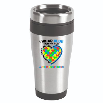 I Wear Blue For My Son Autism Awareness Heart Puzzle  16oz Travel Tumbler