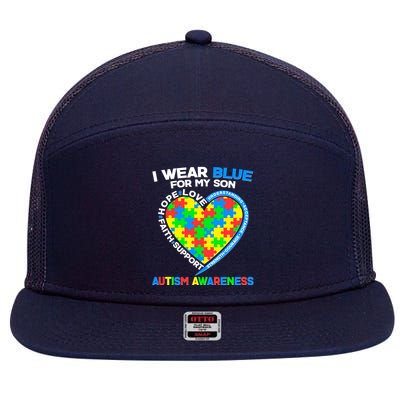 I Wear Blue For My Son Autism Awareness Heart Puzzle  7 Panel Mesh Trucker Snapback Hat