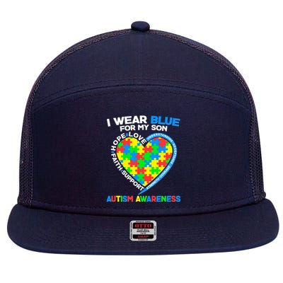 I Wear Blue For My Son Autism Awareness Heart Puzzle  7 Panel Mesh Trucker Snapback Hat