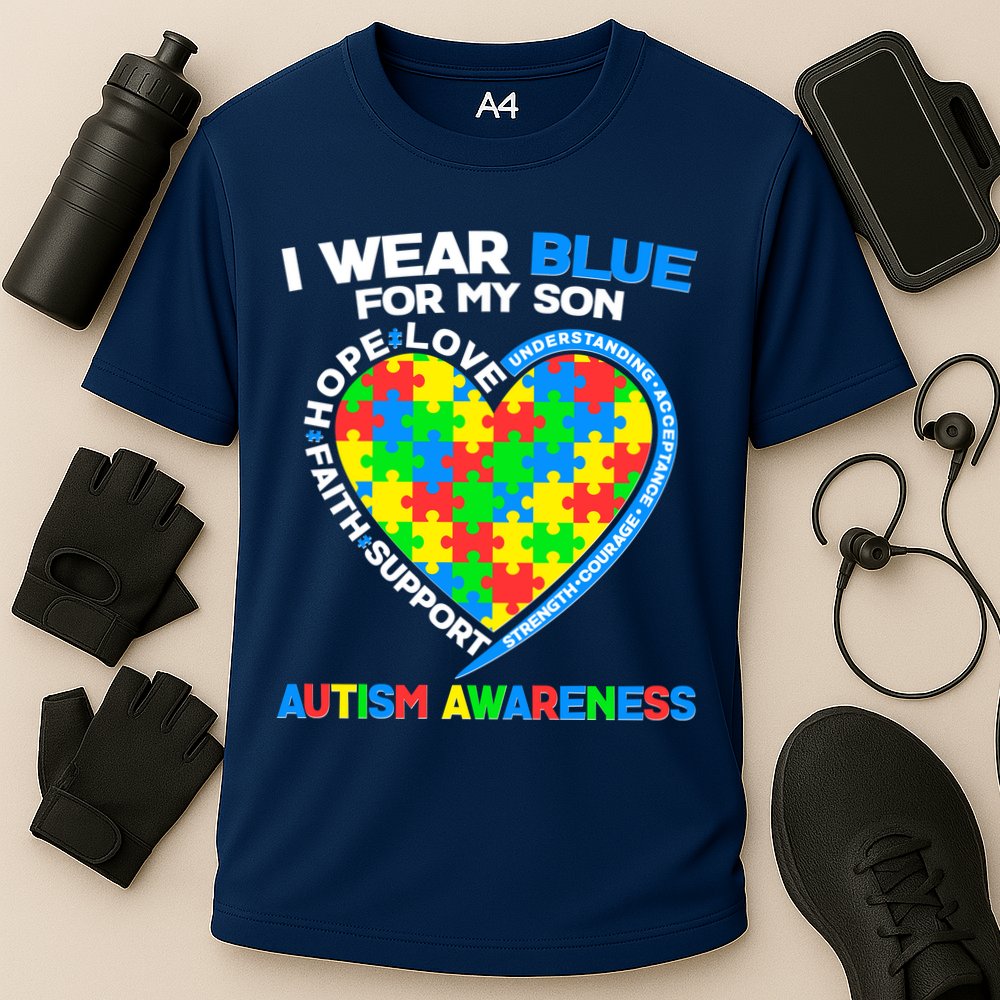 I Wear Blue For My Son Autism Awareness Heart Puzzle  Cooling Performance Crew T-Shirt