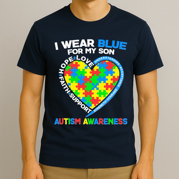 I Wear Blue For My Son Autism Awareness Heart Puzzle  T-Shirt