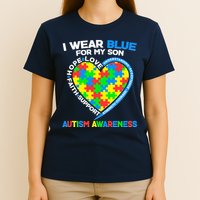 I Wear Blue For My Son Autism Awareness Heart Puzzle  T-Shirt