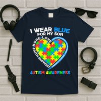 I Wear Blue For My Son Autism Awareness Heart Puzzle  T-Shirt