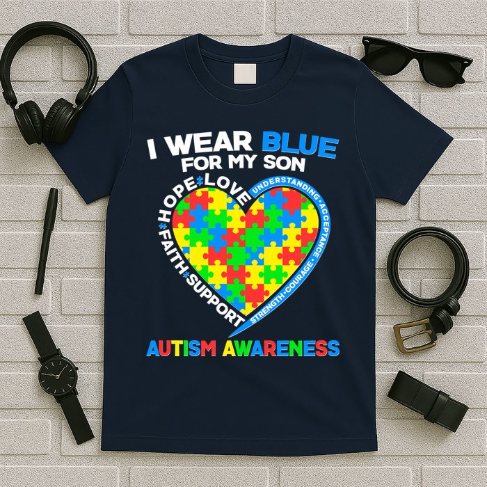 I Wear Blue For My Son Autism Awareness Heart Puzzle  T-Shirt