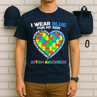 I Wear Blue For My Son Autism Awareness Heart Puzzle  T-Shirt