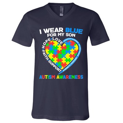 I Wear Blue For My Son Autism Awareness Heart Puzzle  V-Neck T-Shirt