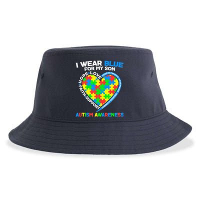 I Wear Blue For My Son Autism Awareness Heart Puzzle  Sustainable Bucket Hat