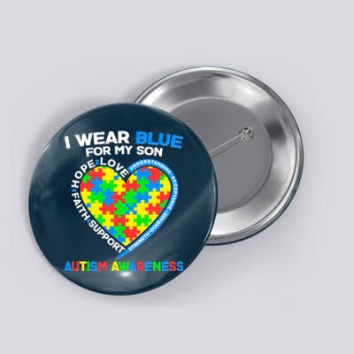 I Wear Blue For My Son Autism Awareness Heart Puzzle  Button