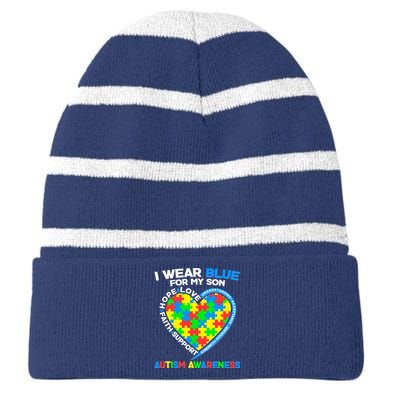 I Wear Blue For My Son Autism Awareness Heart Puzzle  Striped Beanie with Solid Band