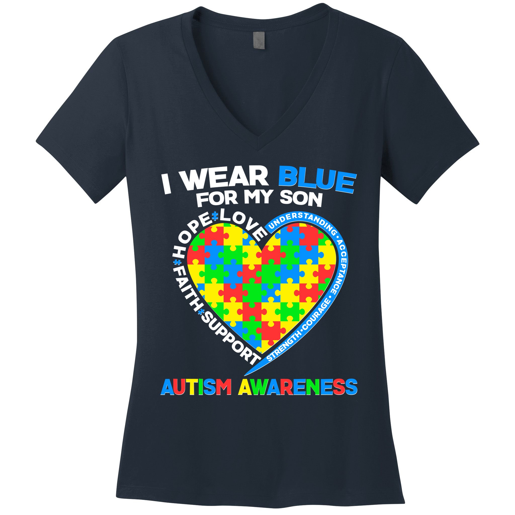 I Wear Blue For My Son Autism Awareness Heart Puzzle  Women's V-Neck T-Shirt