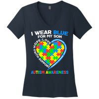 I Wear Blue For My Son Autism Awareness Heart Puzzle  Women's V-Neck T-Shirt