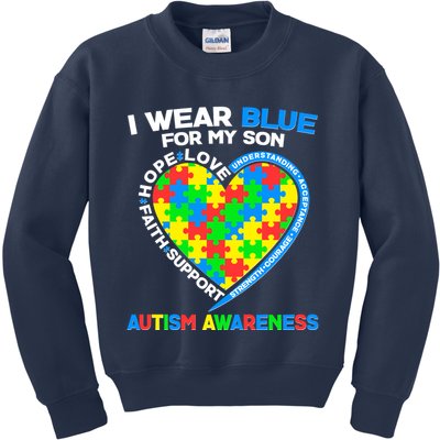 I Wear Blue For My Son Autism Awareness Heart Puzzle  Kids Sweatshirt
