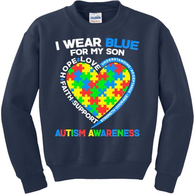 I Wear Blue For My Son Autism Awareness Heart Puzzle  Kids Sweatshirt