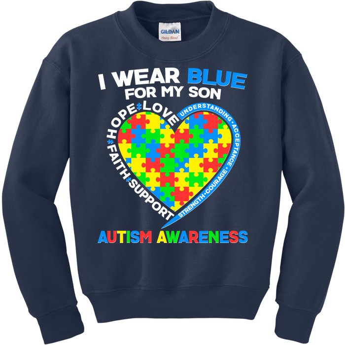 I Wear Blue For My Son Autism Awareness Heart Puzzle  Kids Sweatshirt