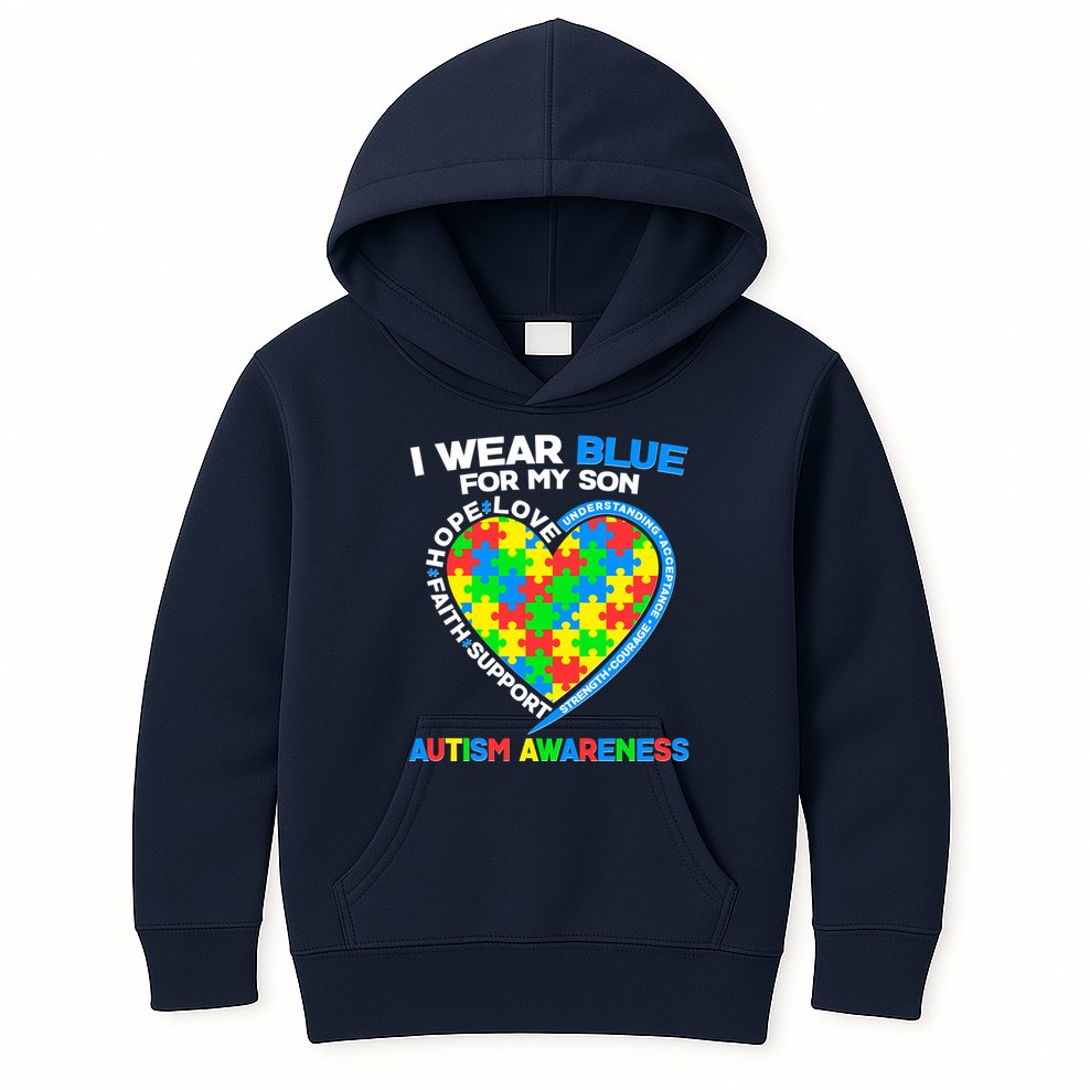 I Wear Blue For My Son Autism Awareness Heart Puzzle  Kids Hoodie