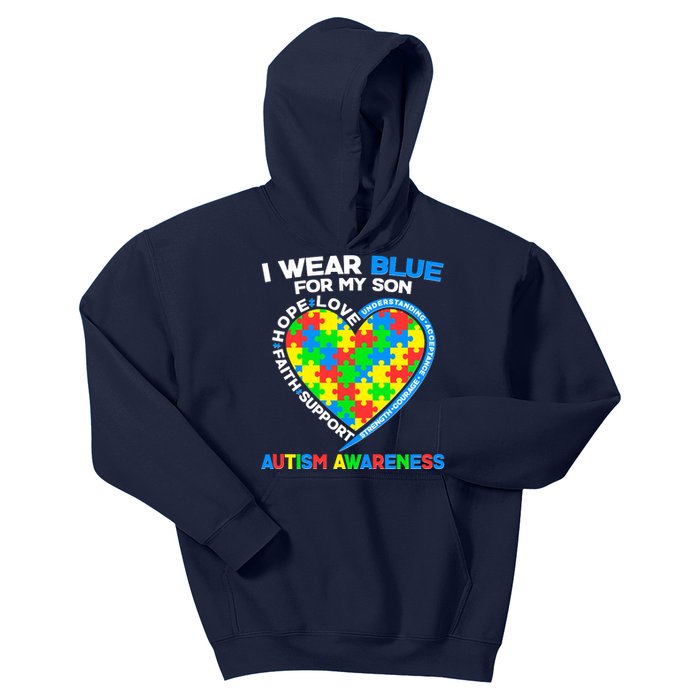 I Wear Blue For My Son Autism Awareness Heart Puzzle  Kids Hoodie