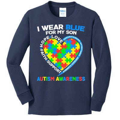 I Wear Blue For My Son Autism Awareness Heart Puzzle  Kids Long Sleeve Shirt