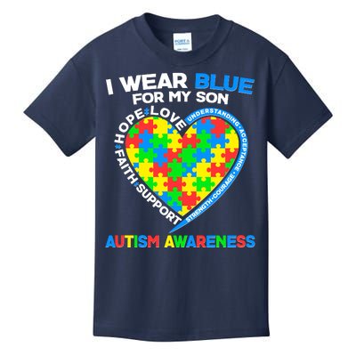 I Wear Blue For My Son Autism Awareness Heart Puzzle  Kids T-Shirt