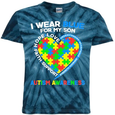 I Wear Blue For My Son Autism Awareness Heart Puzzle  Kids Tie-Dye T-Shirt