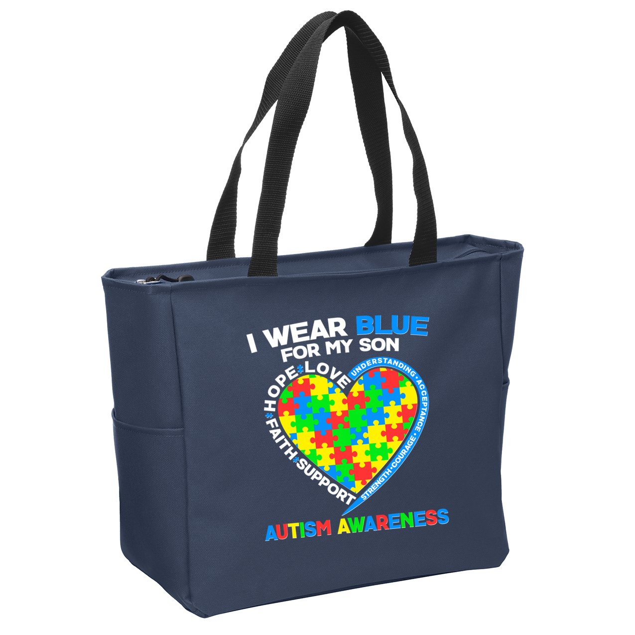 I Wear Blue For My Son Autism Awareness Heart Puzzle  Zip Tote Bag