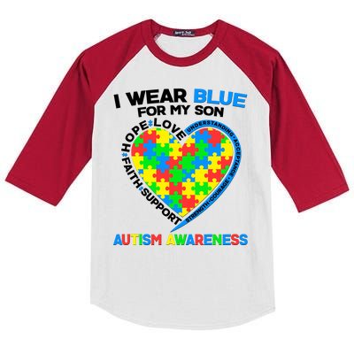 I Wear Blue For My Son Autism Awareness Heart Puzzle  Kids Colorblock Raglan Jersey