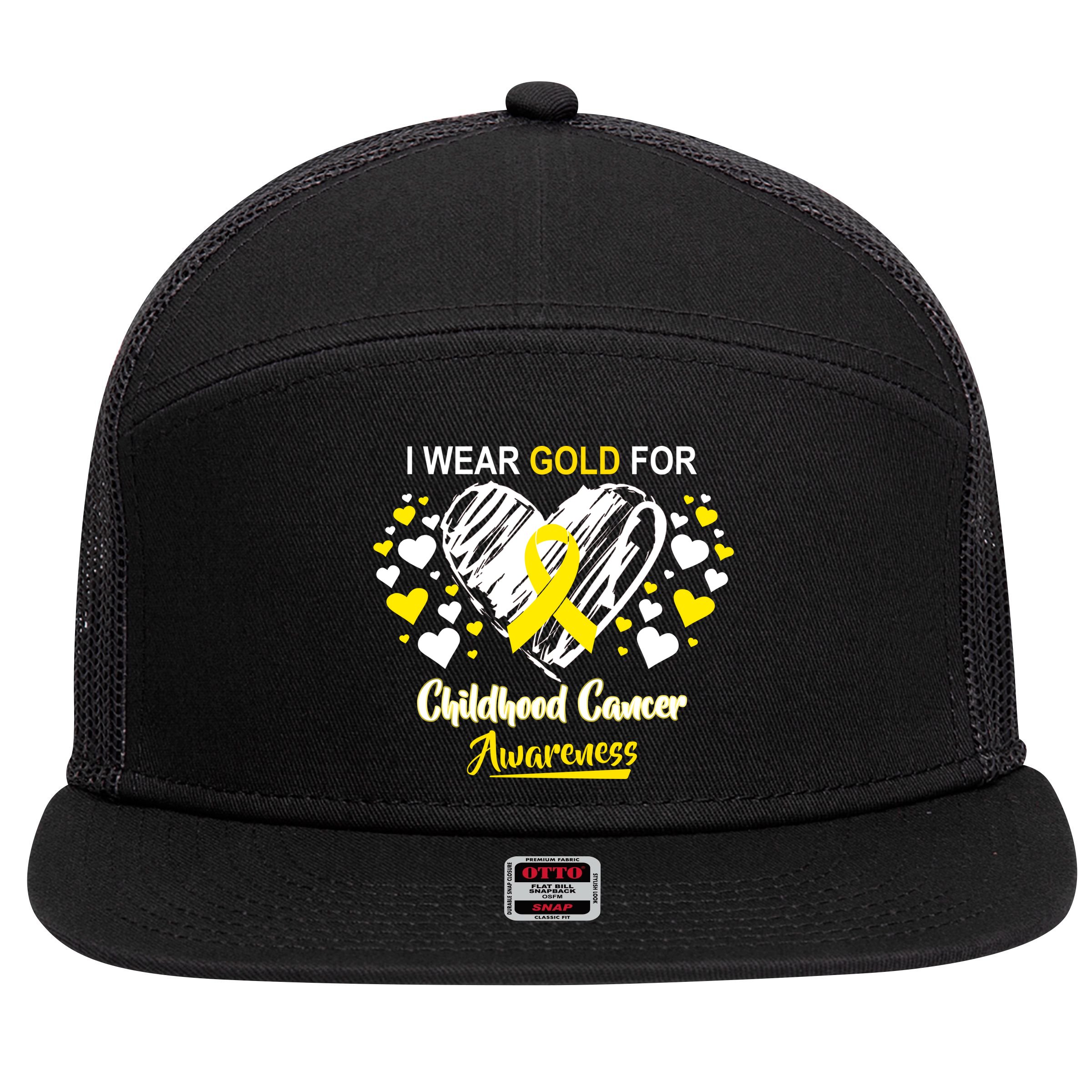 I Wear Gold For Childhood Cancer Awareness  7 Panel Mesh Trucker Snapback Hat