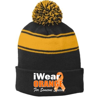 I Wear Orange For Someone I Love Leukemia Stripe Pom Pom Beanie