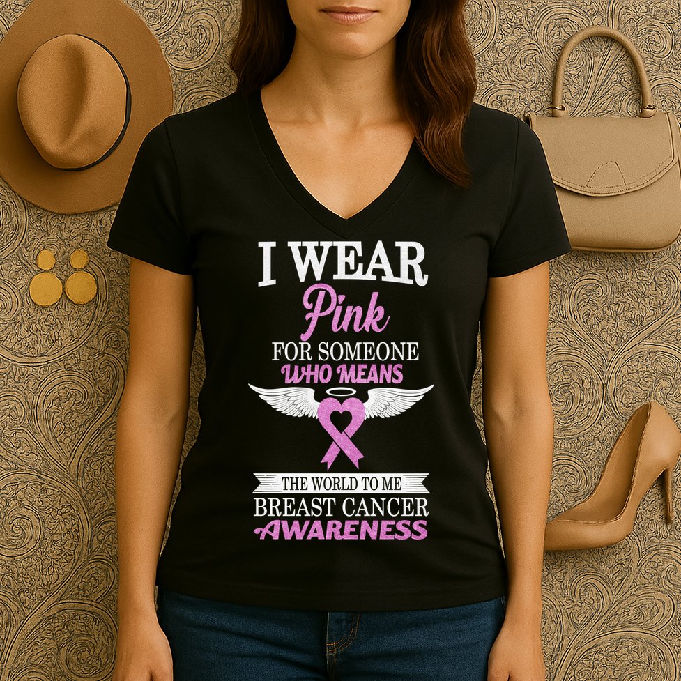I Wear Pink Angel Breast Cancer Awareness Women's V-Neck T-Shirt