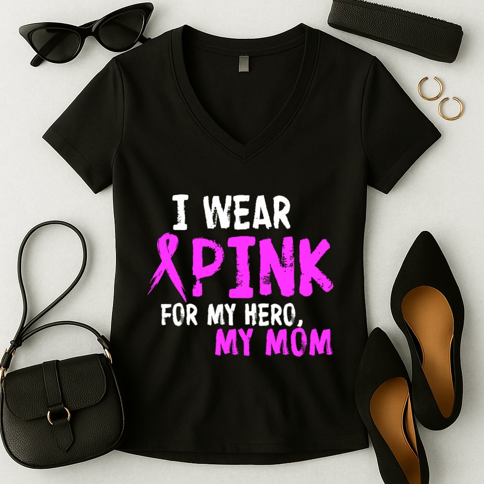 I Wear Pink For My Hero My Mom Women's V-Neck T-Shirt