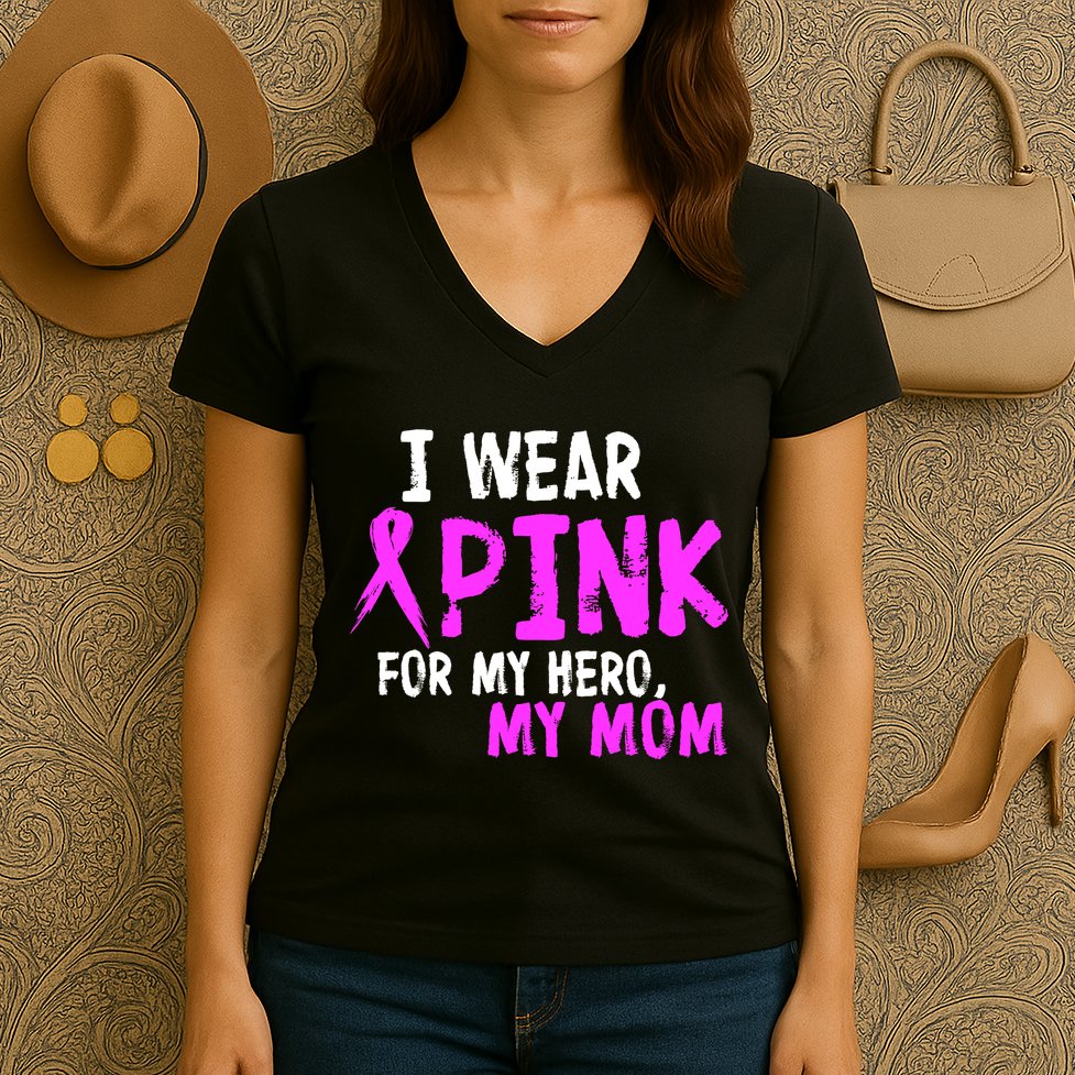 I Wear Pink For My Hero My Mom Women's V-Neck T-Shirt