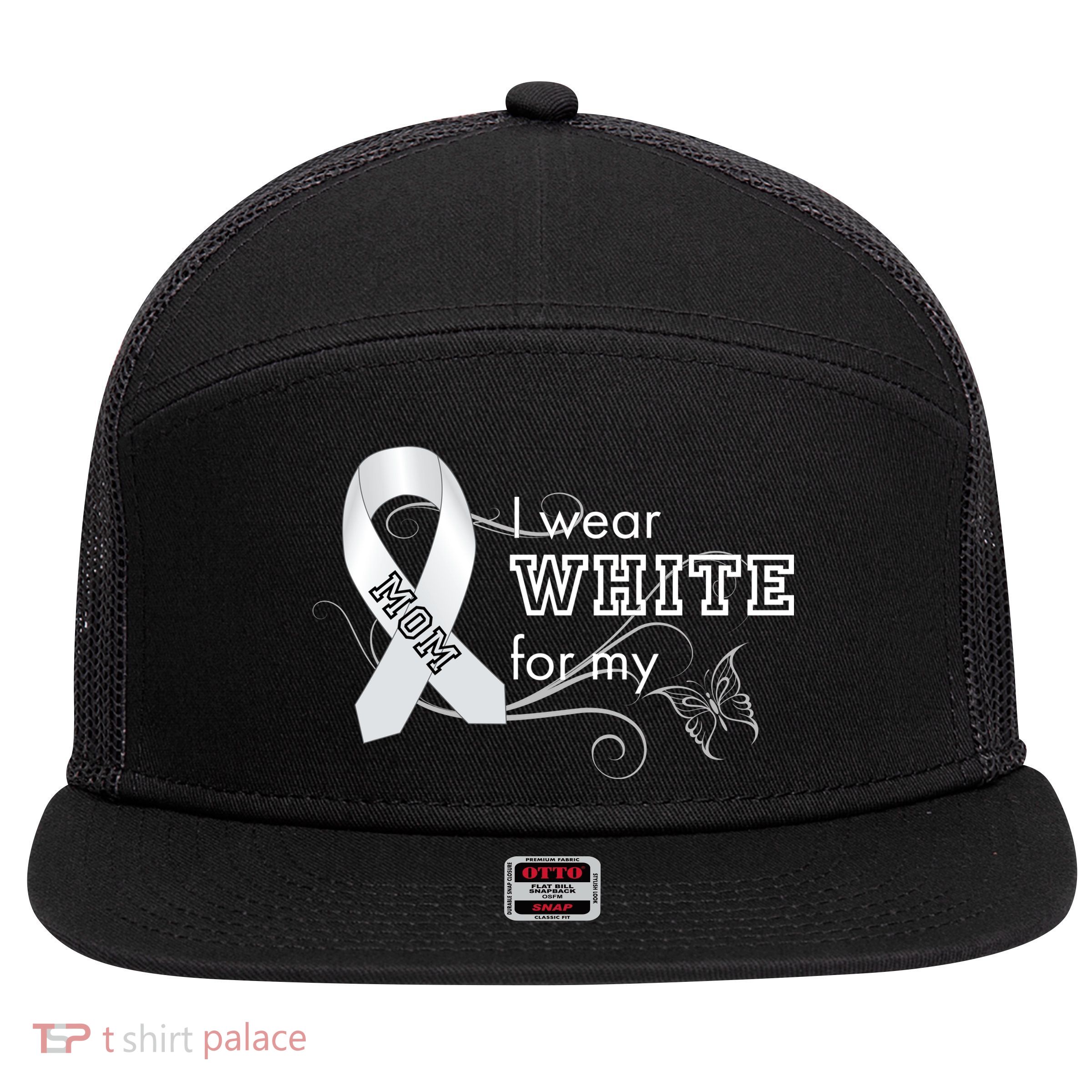 I Wear White For My Mom Lung Cancer Awareness 7 Panel Mesh Trucker Snapback Hat